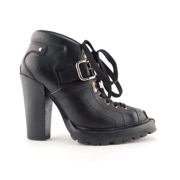 MIU MIU Black Leather Steel Plated Toe Lace Up Booties 36
